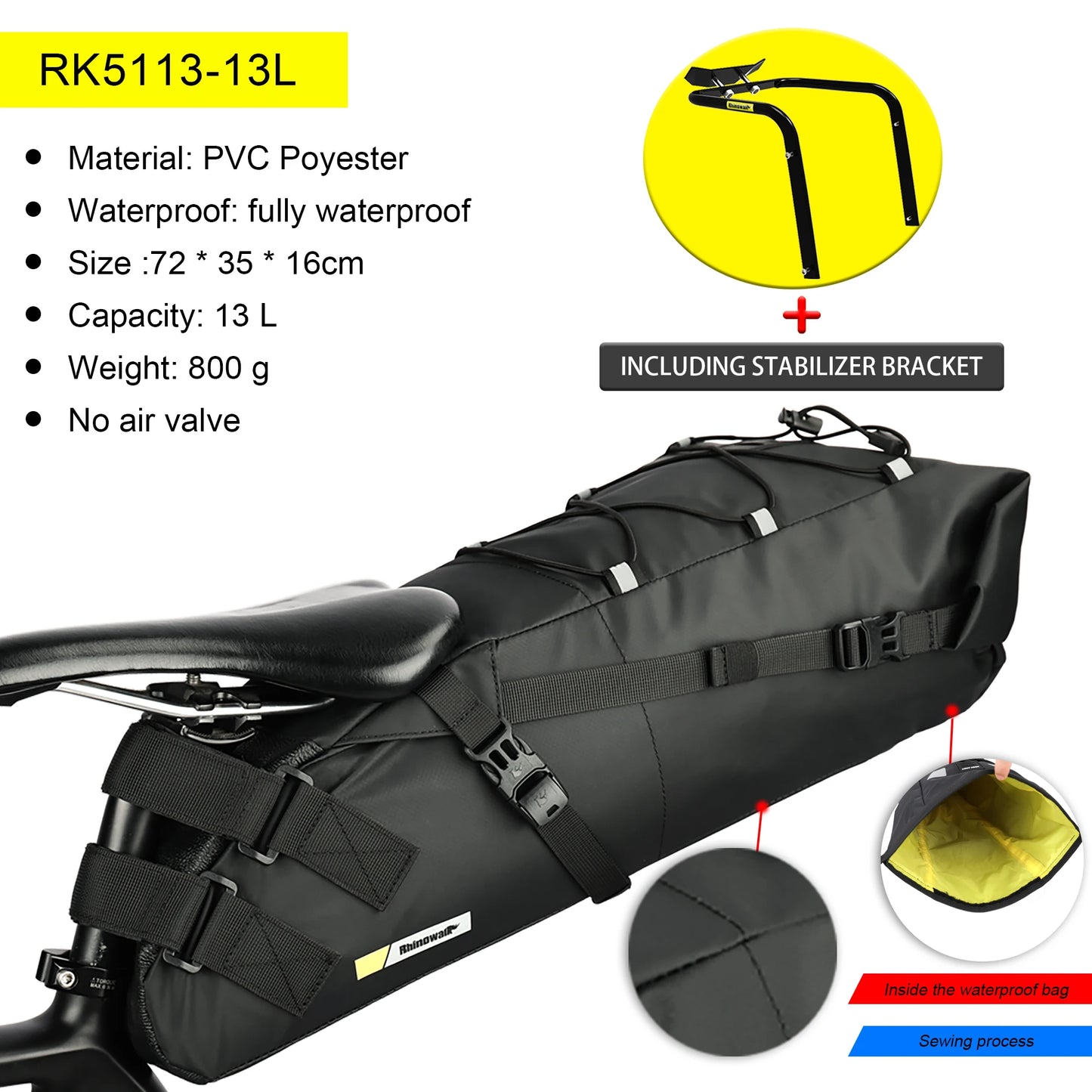 Sacoche de Selle Vélo Rhinowalk 13L avec Stabilisateur - Étanche