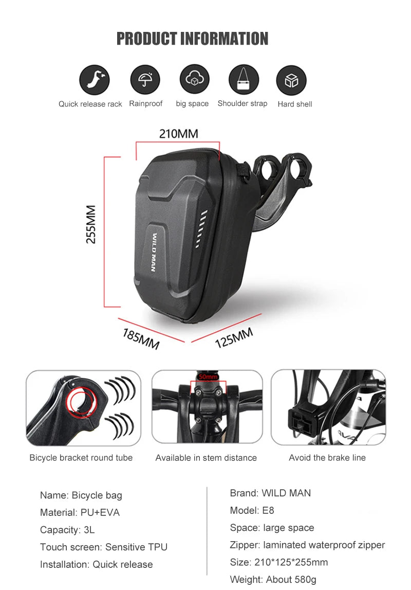Sacoche Guidon Vélo WILD MAN E8 3L Coque Rigide Imperméable — vue 11 — sacoche vélo | La Sacoche Vélo