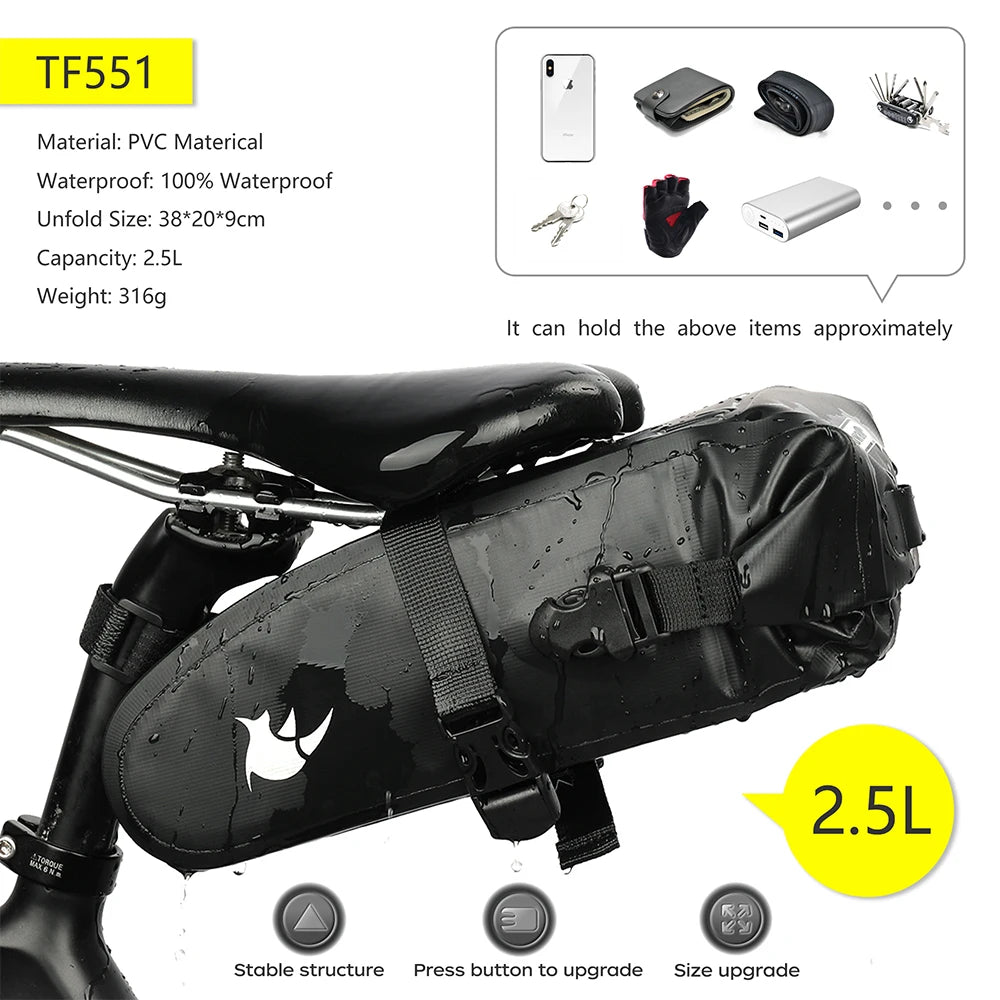 Sacoche de Selle Vélo Rhinowalk Étanche 5L-13L avec Bandes Réfléchissantes