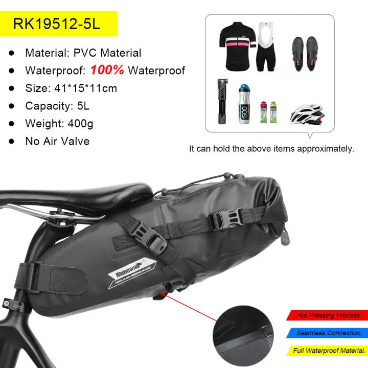 Sacoche de Selle Vélo Rhinowalk Étanche 5L-13L avec Bandes Réfléchissantes