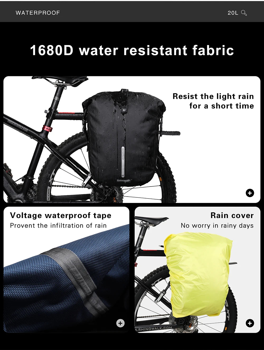 Sacoche Vélo Porte-Bagages Rhinowalk 20L Étanche Convertible Sac à Dos