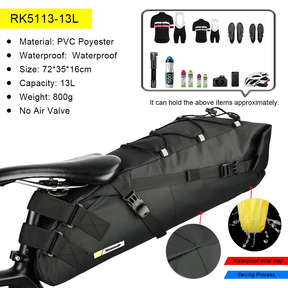 Sacoche de Selle Vélo Rhinowalk Étanche 5L-13L avec Bandes Réfléchissantes