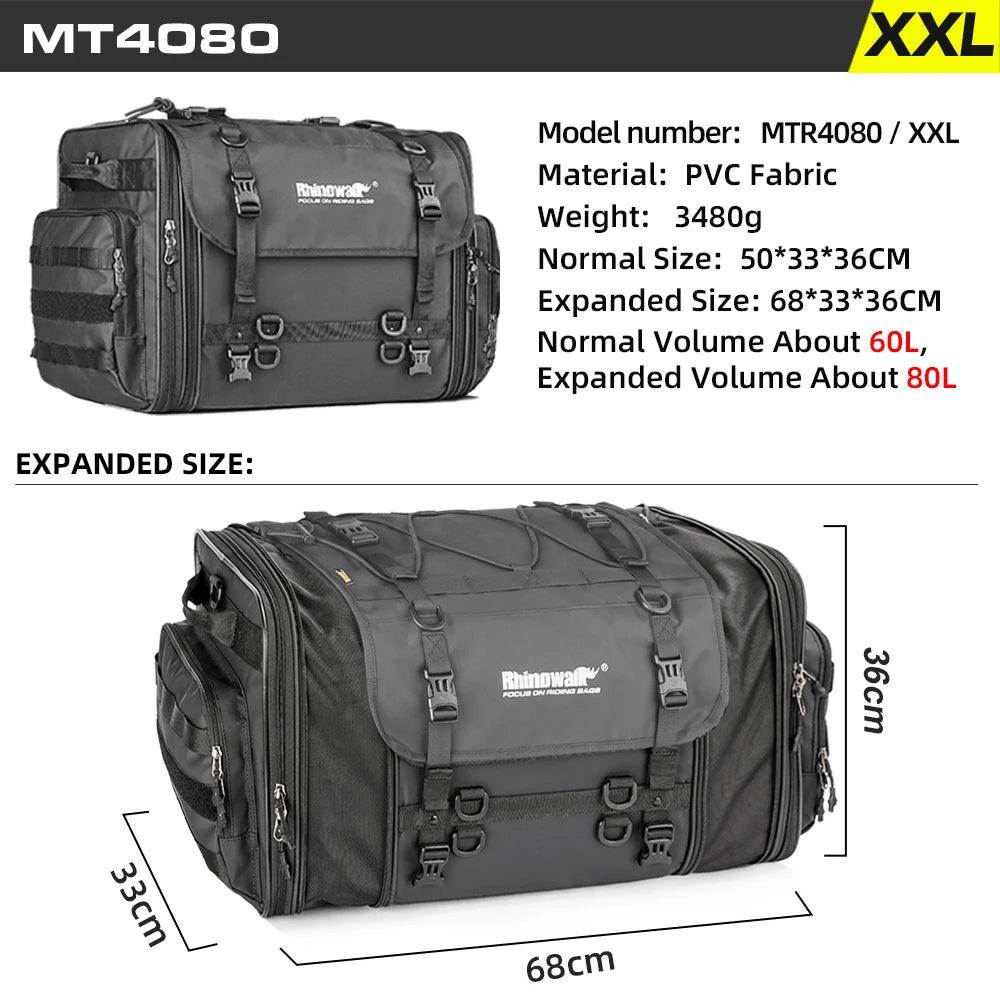 Sacoche Moto Rhinowalk Étanche 19L-80L Extensible - Sac Arrière