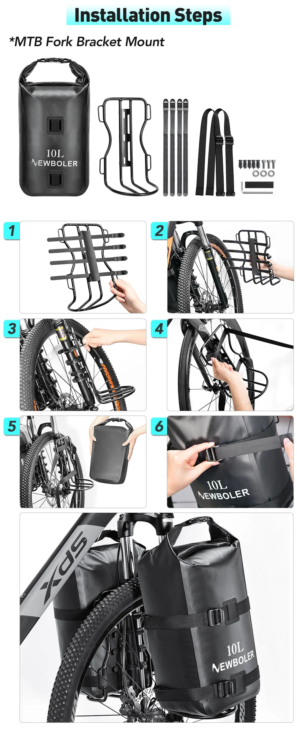 Sacoche Fourche Vélo Étanche 10L - Fixation Universelle NEWBOLER — vue 10 — sacoche vélo | La Sacoche Vélo