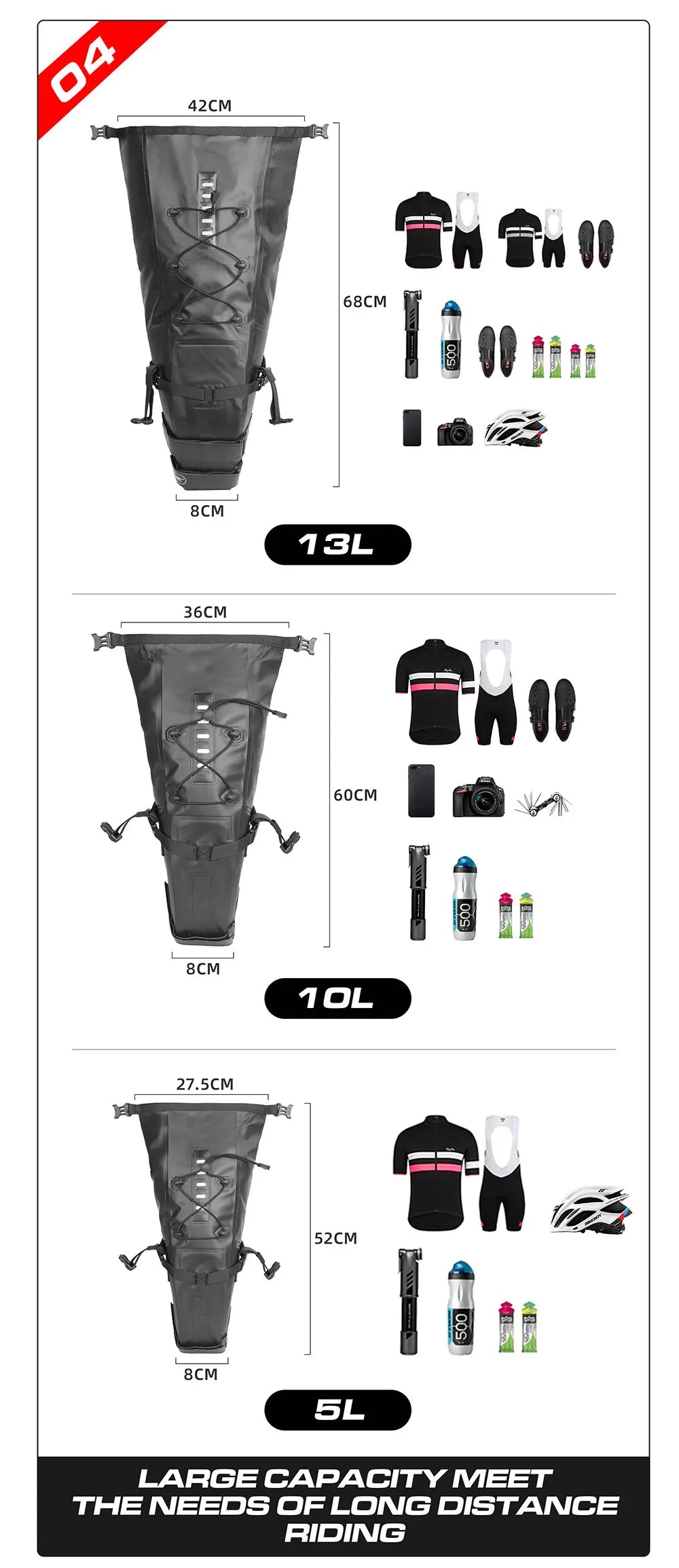 Sacoche de Selle Vélo Rhinowalk Étanche 5L-13L avec Bandes Réfléchissantes